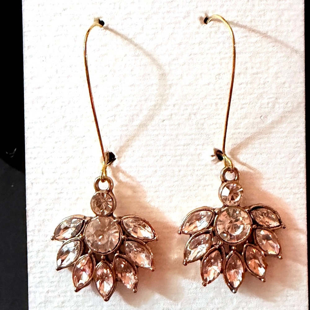 Brass Copper Pink Crystal Fan Drop Earrings Long Gold Tone Stephanie Aune Artist